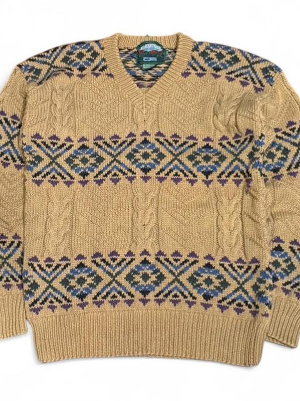 Vintage Beaver Canoe Aztec Cable Striped V Neck Hand Knit Sweater